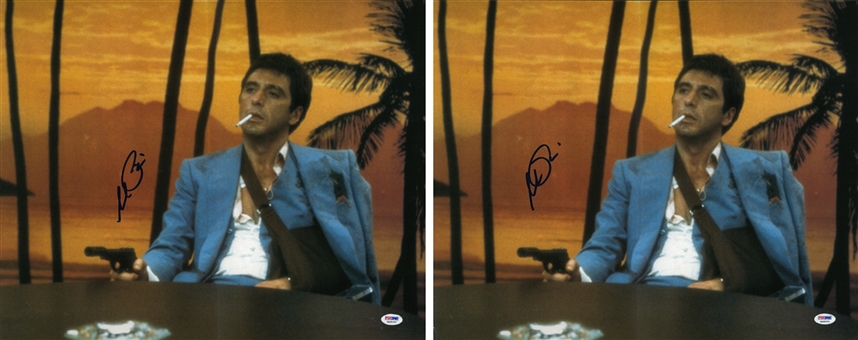 Lot of (2) Al Pacino Signed 16 x 20 "Scarface" Color Photograph Sitting With Cigarette Hanging From Mouth & Gun Pointed (PSA/DNA)